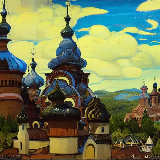 Image similar to photo beautiful magical ancient Slavic Russian city of Kitezh, fisheye lens, painting by Viktor Vasnetsov, painting by Nicholas Roerich, concept art, magical city, fantasy cityscape, ancient Slavs, wooden buildings, ancient Russian architecture, terem, hyperborea, top cinematic lighting , cinematic mood, very detailed, 8k, high resolution, trending on artstation, artstationHD,