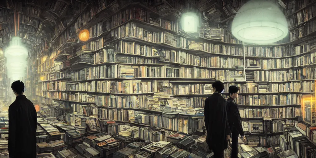 Prompt: cinematic shot of the portrait of an jorge luis borges and an old franz kafka as owners of a bookstore full of books, dystopian future, neon lights, sci - fi, night lights, haze, concept art, intricate, in the style of katsuhiro otomo, akira, unreal engine