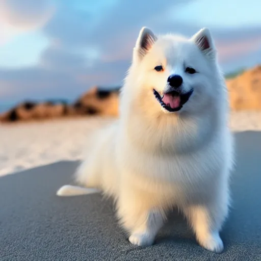 Image similar to a closeup photorealistic photograph of japanese spitz on the beach at sunset. this 4 k hd image is trending on artstation, featured on behance, well - rendered, extra crisp, features intricate detail and the style of unreal engine. golden hour