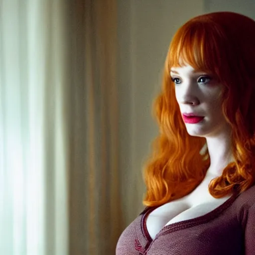 Image similar to amazing beautiful Christina Hendricks with huge puffy lips in the living room, film still from the movie directed by Denis Villeneuve , wide lens