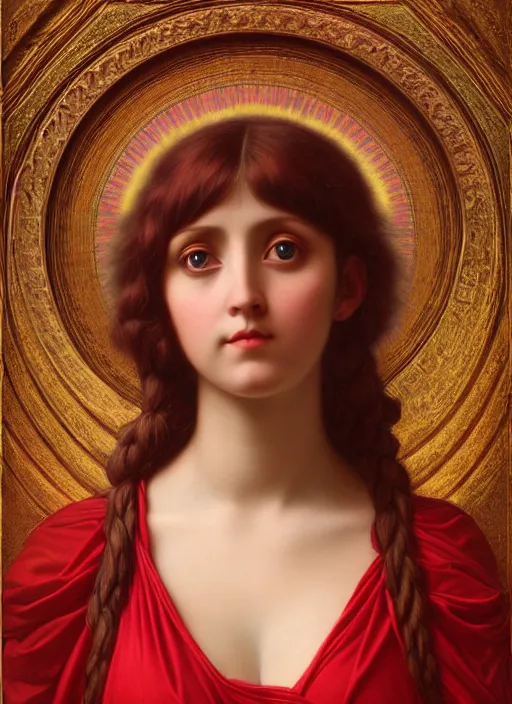 Prompt: portrait of a realistic ethereal woman with big eyes and a glowing face, wearing a red dress in nature, in the style of john william godward, intricate details, mystical colors, high detail, 8 k, super - flat, art nouveau, face symmetry, masterpiece, sharp focus