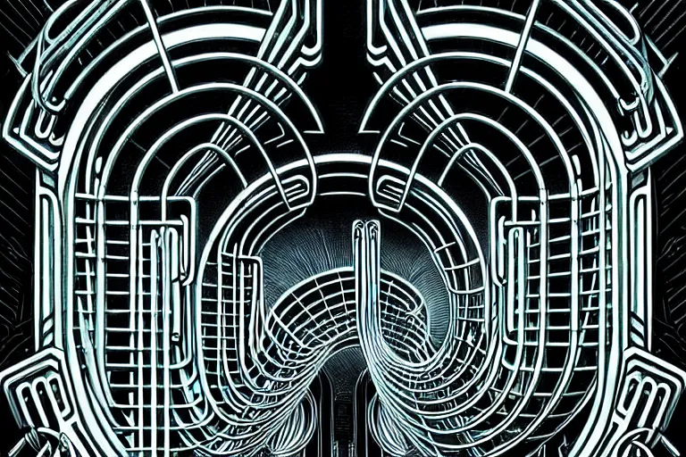 Image similar to a double helix dna cyberpunk steampunk carved archway, art deco high details, lineart, by vincent di fate and joe fenton, inking, screen print, masterpiece, trending on artstation, sharp, high contrast, hyper - detailed, ultrawide, hd, 4 k, 8 k