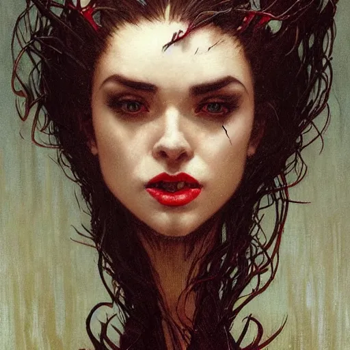 Prompt: portrait of a menacing beautiful vampire, head only, headshot, detailed and clear eyes and mouth, black hair by Stanley Artgerm Lau , greg rutkowski, thomas kindkade, alphonse mucha, loish, norman rockwell, J. C. Leyendecker. hair waving in the wind, pale skin, sinister complexion, thorn crown, image bordered by thorns, thorn background. D&D, fantasy. Trending on artstation rule of thirds extremely detailed illustration hd 4k