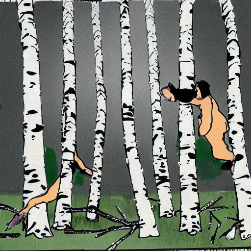 Image similar to expressive representation of the fight between the id and ego resulting in the superego through fir and birch trees