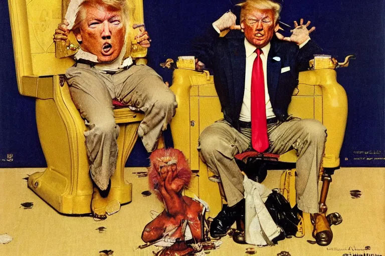 Image similar to Norman Rockwell painting of Donald Trump seated on a golden toilet in a tacky gold bathroom. He is in the center of the image, and he is sobbing and crying.