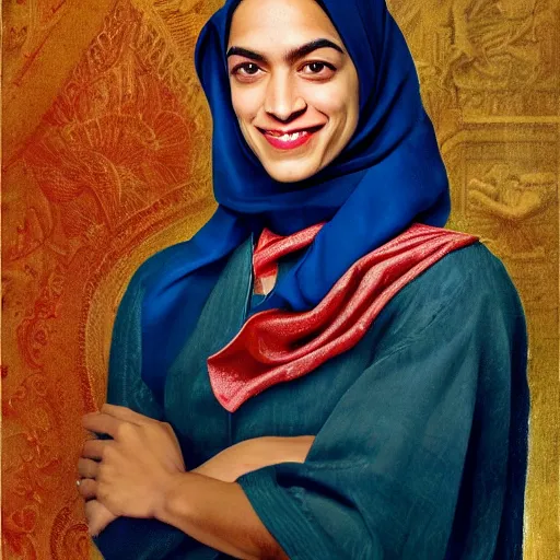 Prompt: Alexandria Ocasio-Cortez, model, beautiful, flirty smile renaissance painting portrait, dramatic, extra detailed, hijab, sari, deep rich colors