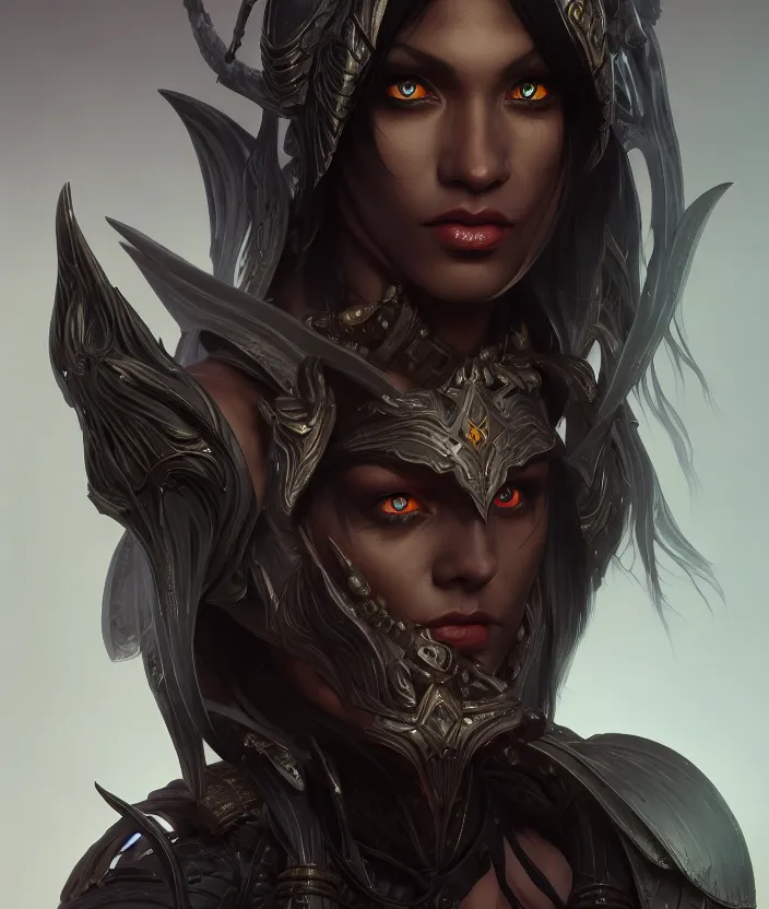 Image similar to a portrait of a dark elf, hyper detailed, digital art, trending in artstation, cinematic lighting, studio quality, smooth render, artgerm, joshua middleton, rafael albuquerque, unreal engine 5 rendered, octane rendered, art style by klimt and nixeu and ian sprigger and wlop and krenz cushart