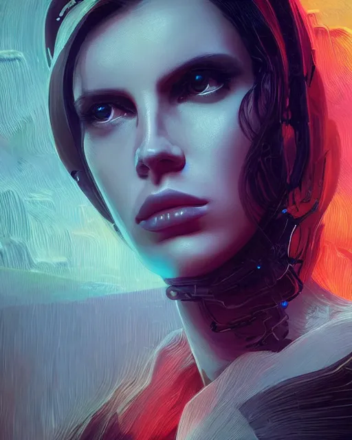 Image similar to portrait of Lana Del Rey as a cyborg. intricate abstract. intricate artwork. by Tooth Wu, wlop, beeple, dan mumford. mulholland drive by david lynch, dune by david lynch, octane render, trending on artstation, greg rutkowski, charlie bowater. very coherent symmetrical artwork. cinematic, hyper realism, high detail, octane render, 8k, iridescent accents