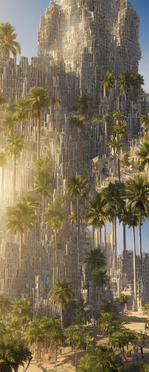 Image similar to photorealistic photo a contemporary babylon tower, golden details, stone facade, sacred geometry architecture, cascading highrise, arid mountains with lush palm forest, sunlight, post - production, octane, cgi, sfx