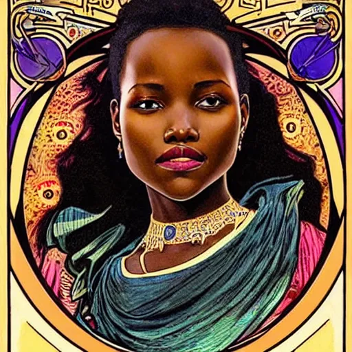 Image similar to lupita nyong'o portrait by louis - theophile hingre and alphonse mucha, realistic, sharp focus, zodiac signs, tarot cards, planets, ethereal, art nouveau, magic, moon, sun, crown, dreamy, royal, jewellery