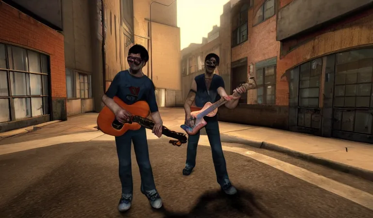 Prompt: steve albini npc carrying a guitar in left 4 dead 2, source engine, gameplay screenshot