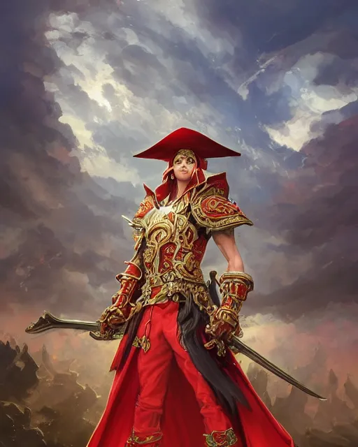 Prompt: A Full View of a Red Mage wearing magical ornate armor and a pirate hat surrounded by an epic cloudscape. Magus. Red Wizard. masterpiece 4k digital illustration by Ruan Jia and Mandy Jurgens and Artgerm and greg rutkowski and Alexander Tsaruk and WLOP and Range Murata, award winning, Artstation, art nouveau aesthetic, Alphonse Mucha background, intricate details, realistic, panoramic view, Hyperdetailed, 8k resolution, intricate art nouveau