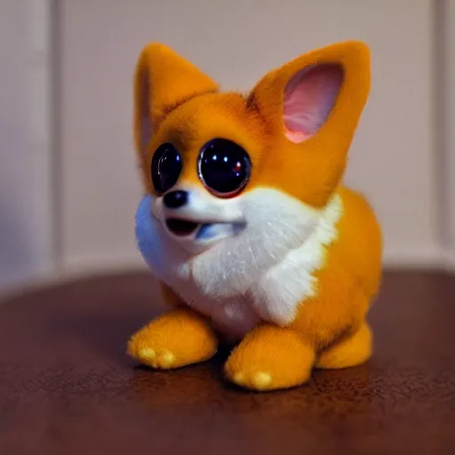 Image similar to award - winning photograph of a cute corgi furby toy on a store shelf