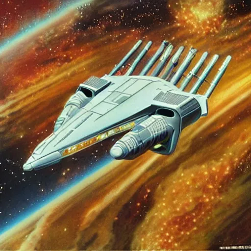 Image similar to starship enterprise docked at a space station, highly detailed 1 9 7 0 s scifi art