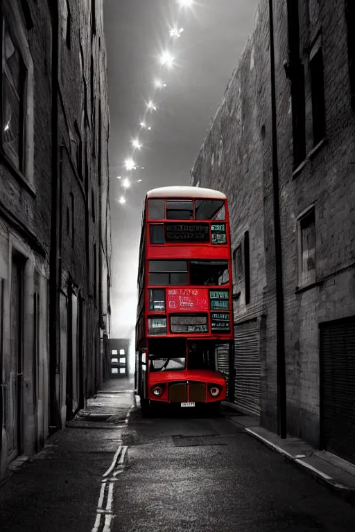 Image similar to a widescreen photo of a old london double - decker bus in a dark alley, low light, by steve mccurry