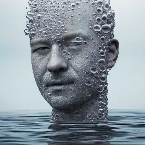 Prompt: a sculpture made of water in the shape of a human head, on the ocean water, water manipulation, behance, cinematic, in the style of johnson tsang, long shot, hyper detailed, hyper realistic, ray tracing, 8 k resolution, sharp focus, realistic water, award winning