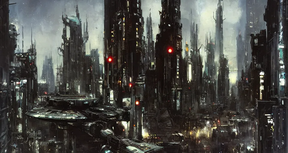 Image similar to star wars cityscape, by jeremy mann, peter elson.