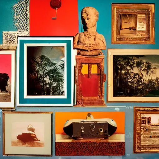 Image similar to An offset photography of a composition of five object on display, colors, (anthropology of wonder), ((((exotic artifacts)))), bauhause, tropicalism, (colonial expedition), three colors, exhibition print, 60s style