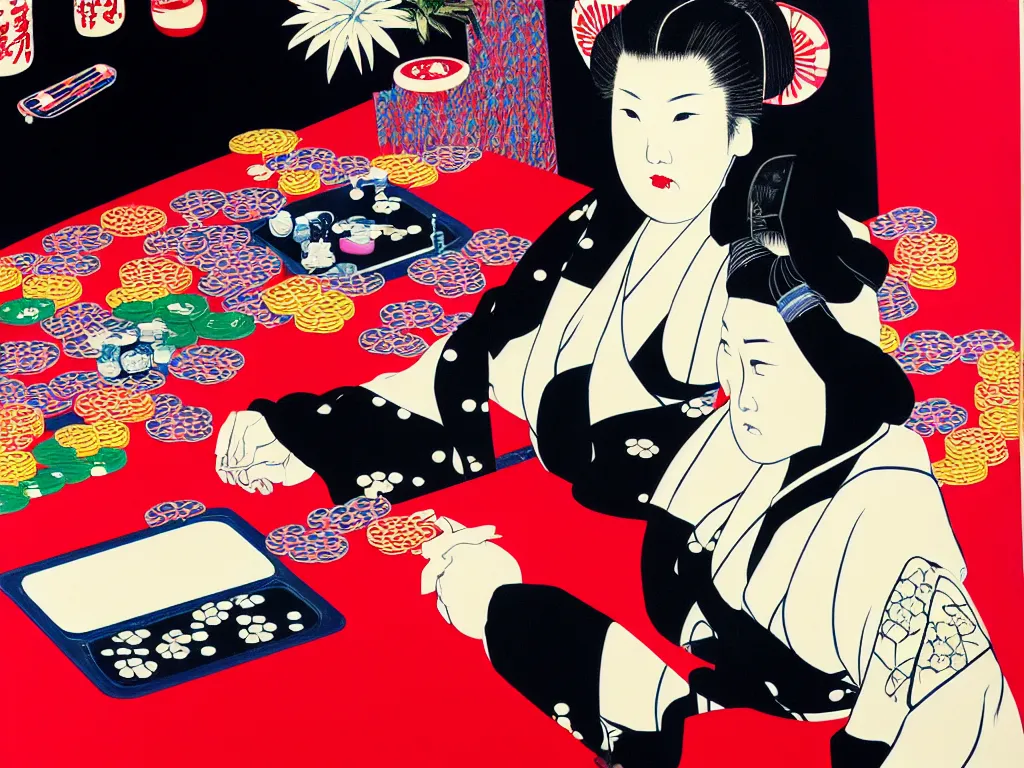 Image similar to hyperrealism composition of the detailed woman in a japanese kimono sitting at a poker table with darth vader, fireworks on the background, pop - art style, jacky tsai style, andy warhol style, ukiyo e, acrylic on canvas