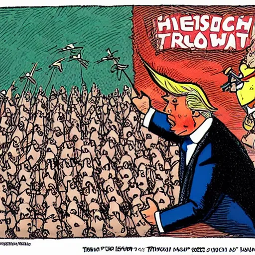 Prompt: political cartoon in color of trump cowering beneath a shield made of hundreds of tiny little people. the shield is being pelted by arrows. ( side view of trump in a squatting position holding the human shield )