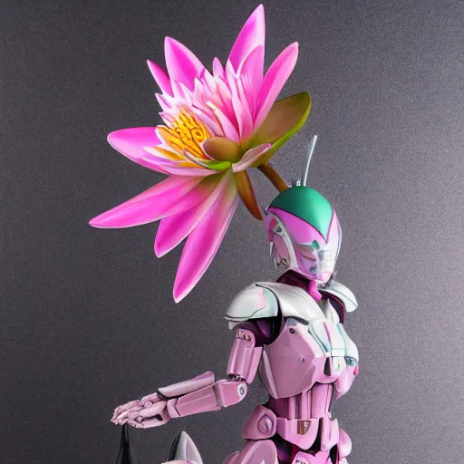 Image similar to futuristic pink nymphaea themed mecha waterlily upper body, sepals forming helmet, highly detailed, nymphaea, 8 k hd resolution, barbatos gundam with floral inlay, bandai box art, star wars, makoto kobayashi, frank gehry, raymond swanland