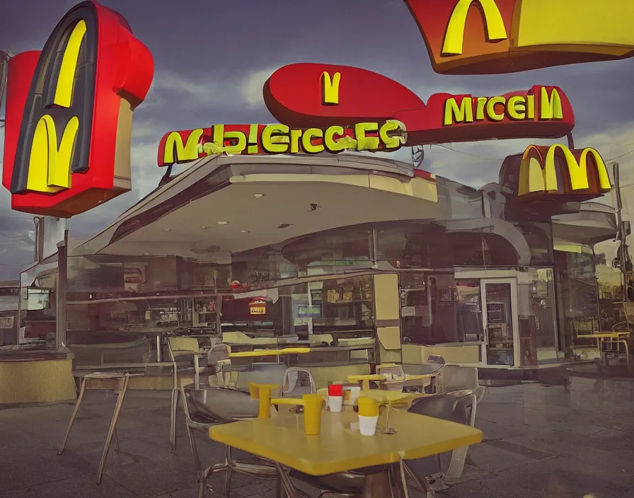 Image similar to alien UFOs attacking a McDonalds restaurant 1982, photo real, daylight, vivid colors, Eastman EXR 50D 5245/7245