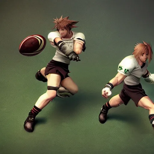 Image similar to final fantasy 7 hyper realistic rugby weapons, highly detailed.