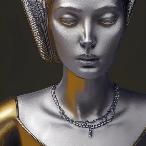 Image similar to statue young woman queen, chrome, reflect 8 k uhd, unreal engine, octane render in the artstyle of finnian macmanus, john park and greg rutkowski