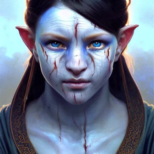 Prompt: portrait painting of a halfling monk woman with burn scars and gorgeous blue eyes, ultra realistic, concept art, intricate details, eerie, highly detailed, photorealistic, octane render, 8 k, unreal engine. art by artgerm and greg rutkowski and charlie bowater and magali villeneuve and alphonse mucha
