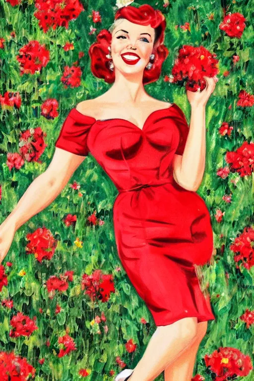 Prompt: a full view portrait of a beautifull woman, wearing a red dress,with a beautifull smile,a garden background.in american style pin up.anatomically correct