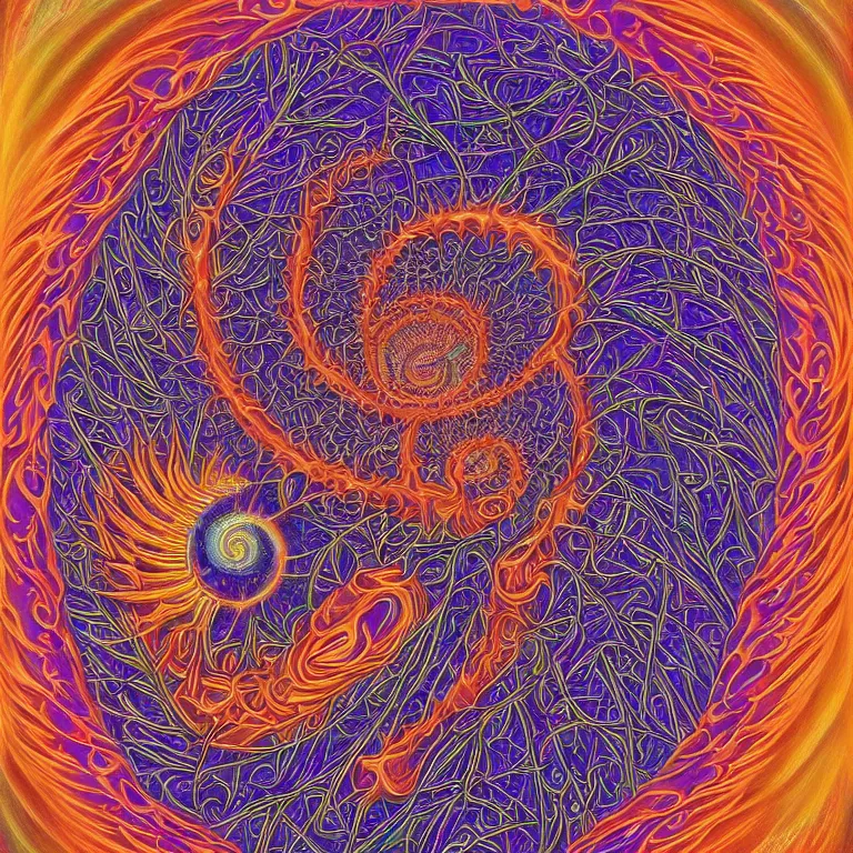 Image similar to portrait of a person psychedelic fractal soul on fire deep space galaxy fibonacci lateralus within award winning painting by alex grey symmetrical