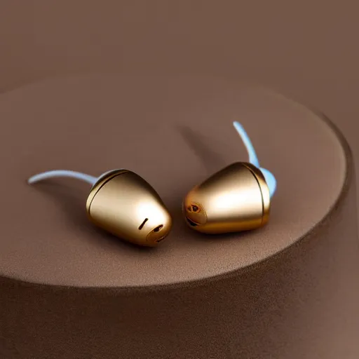 Image similar to beige teardrop-shaped truly wireless earbuds with gold accents, studio, product photo