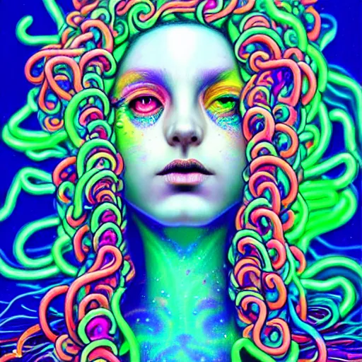 Image similar to A sea goddess with neon tentacles hair having an extremely colorful psychedelic experience, warping time and space, magic mushrooms, psilocybin, LSD, face, detailed, intricate, elegant, highly detailed, digital painting, artstation, concept art, smooth, sharp focus, illustration, art by Krenz Cushart and Artem Demura and alphonse mucha, Octane render, unreal engine, 8K