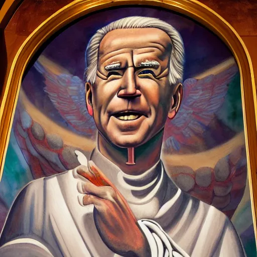 Prompt: a church mural of joe biden as a god, 4 k, highly detailed, painted by michelangelo