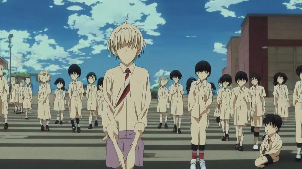 Image similar to school where the students have magic powers, anime film still from the an anime directed by katsuhiro otomo with art direction by salvador dali, wide lens