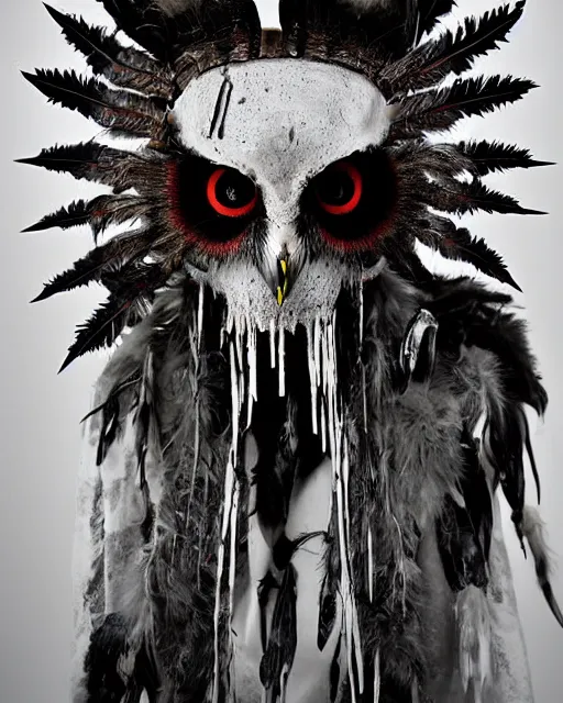 Image similar to owl - skull ghost - spirit of the grim - warpaint wears the scarlet armor and native blood headdress eyes, midnight fog - mist!, cinematic lighting, various refining methods, micro macro autofocus, ultra definition, award winning photo, photograph by ghostwave - gammell - giger - shadowlord