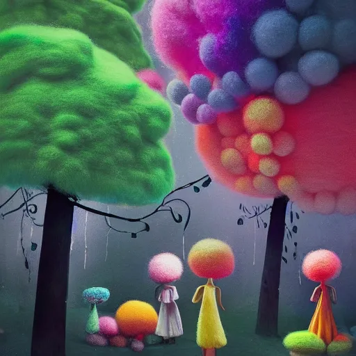 Image similar to a black girl with a colorful afro in a candy forest at night, bokeh, bright colours, watercolor, volumetric wool felting, macro photography, children illustration, by goro fujita