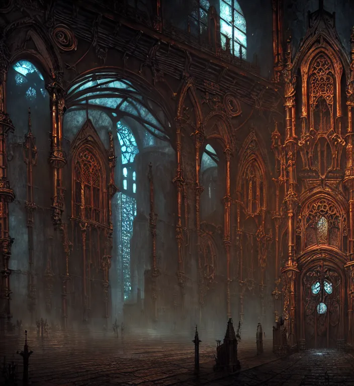 Image similar to steam necropolis, memento mori, gothic, neo - gothic, art nouveau, hyperdetailed copper patina medieval icon, stefan morrell, philippe druillet, ralph mcquarrie, concept art, steampunk, unreal engine, detailed intricate environment, octane render, moody atmospherics, volumetric lighting, ultrasharp, ominous, otherworldly