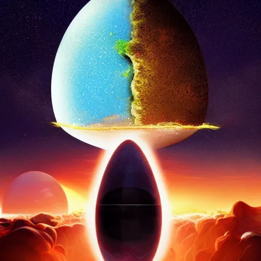 Image similar to the planet earth floats in space. a galactic sized egg floats in space. earth is inside the egg. the egg cracks open and the gooey earth slowly drips out. digital art, dramatic lighting, comedy, science fiction, concept art, epic fantasy, surreal. 2 0 0 1 space odyssey. cosmos