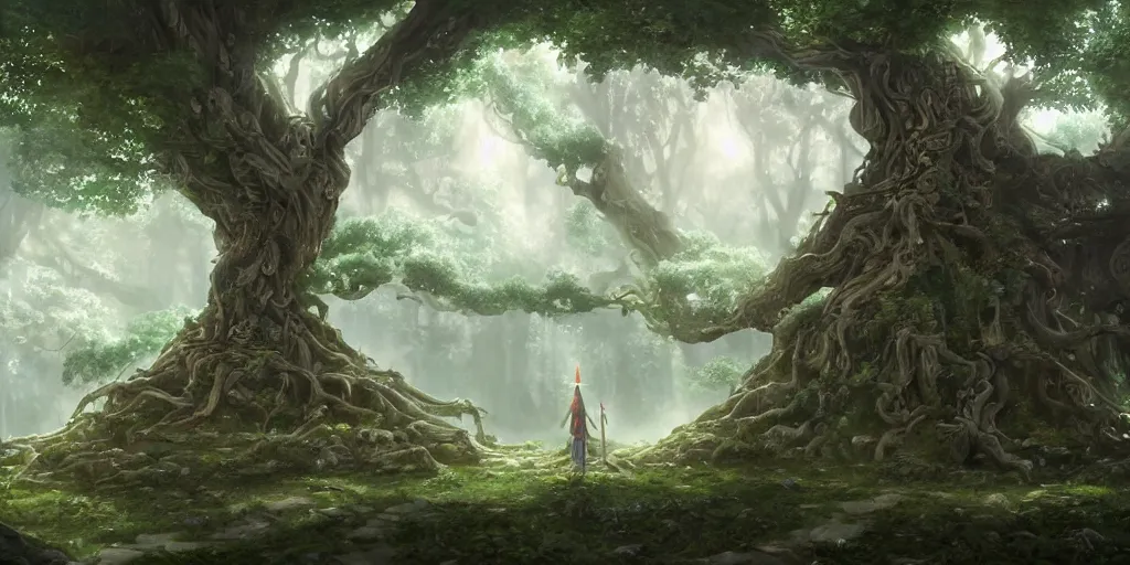 Image similar to An elven temple made from white wood built into a gigantic tree, cinematic angle, beautiful, studio Ghibli, magical, cinematic lighting, detailed realism painting, hyperrealistic, 8k