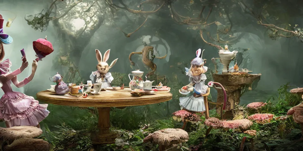 Prompt: an insanely intricate detailed beautifull 3 d render of alice in wonderland tea with rabbit and mad hat, unreal engine, octane render, redshift, 8 k resolution, cell shaded rendering, soft dramatic lighting, cinematic, subsurface scattering, anti aliashing, by disney