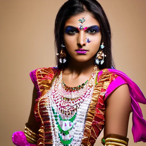 Image similar to Studio Photo of a beautiful female Indian model in a Mariachi costume, 4k resolution, 88mm lens, 8k