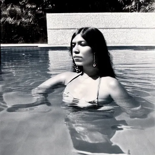 Image similar to clear photo of a beautiful and young female singer of native american descent in a pool with a red swimsuit taken in 1 9 7 6, high quality, highly detailed 7 0 s style photography, long dark hair, elegant pool, trending on pinterest, aesthetically beautiful, elegant