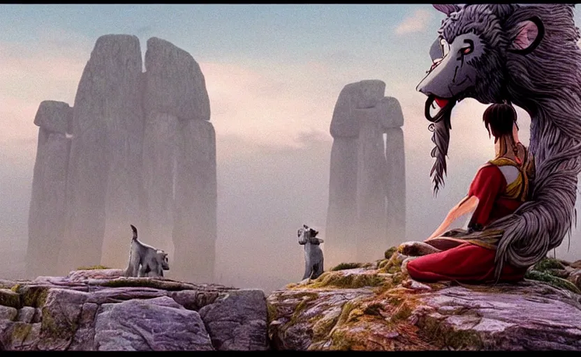 Image similar to movie still from princess mononoke ( 1 9 9 7 ) showing a highly detailed landscape with a giant long - haired buddha in lotus position with stonehenge in the background. 1 9 8 0 s science fiction, 1 9 7 0 s science fiction, cyberpunk, moody, misty, depth perception, 4 k, artstation