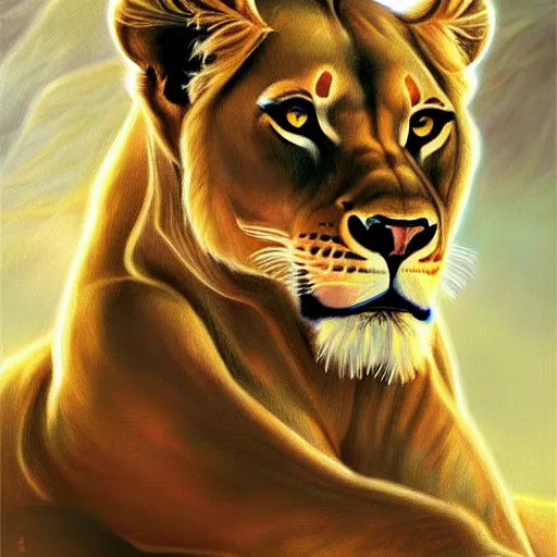 Prompt: highly detailed portrait of a majestic lioness queen in the form of a beautiful woman. d & d. art by kinuko craft. trending on artstation, intricate details, energetic composition, golden ratio, concept art, illustration, elegant art, global illuminaition