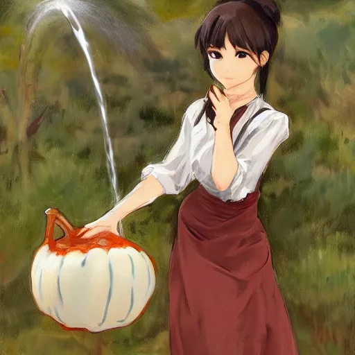 Image similar to anime girl pouring water from a gourd in the style of john singer sargent