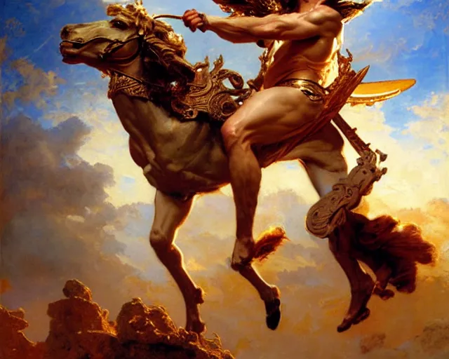 Image similar to attractive apollo greek god, riding his fire chariot. highly detailed painting by gaston bussiere, craig mullins, j. c. leyendecker 8 k