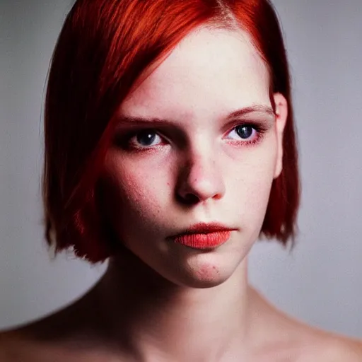 Prompt: face portrait, white woman, 22 years old, thin, center parting straight red hair, snub nose, small lips, studio photography by Annie Leibovitz, f/8