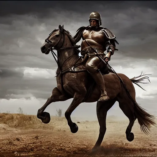 Prompt: a haunting hyper-realistic photograph of a tired spartan soldier riding a horse on the battlefield in the style of a photo-realistic, realistic photograph, 3D render, blender, moonlight, detailed, dark, ominous, threatening, haunting, forbidding, colorful, stormy, doom, apocalyptic, sinister, ghostly, unnerving, harrowing, dreadful ,frightful, shocking, terror, hideous, ghastly, terrifying