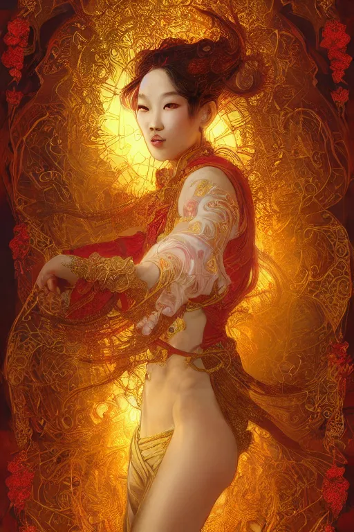 Image similar to tarot card artstation, portrait of an asian love dancer, sunrise, baroque ornamnet and rococo ornament, ancient chinese ornate, hyperdetailed, beautiful lighting, craig mullins, mucha, klimt, yoshitaka amano, red and gold and orange color palatte